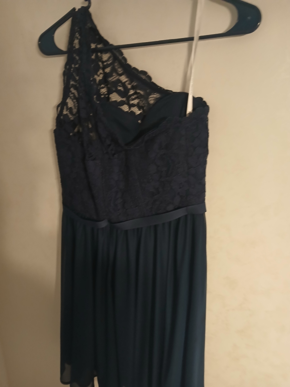 David's Bridal Navy One-Shoulder Lace & Chiffon Dress